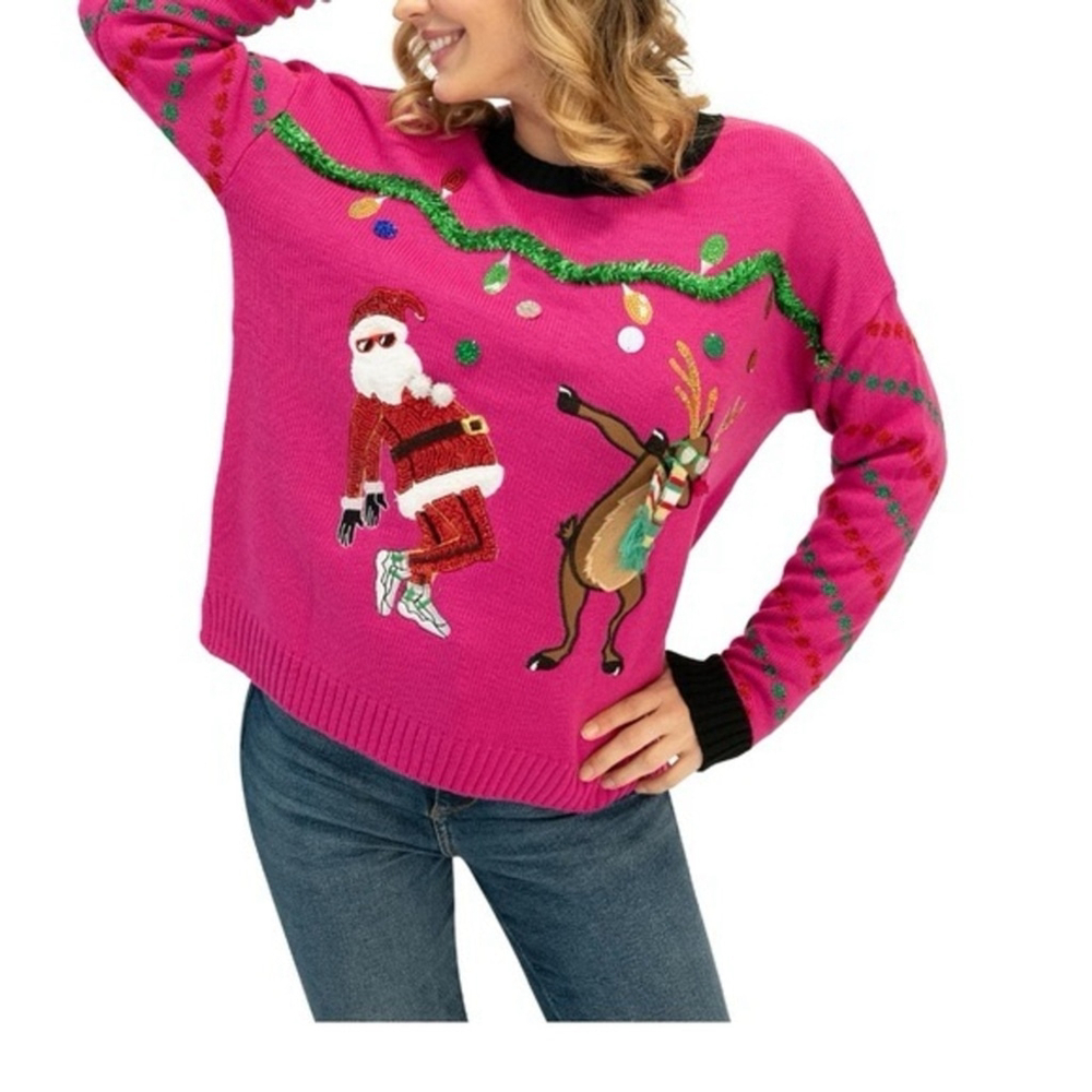 33 Degrees Women's Dancing Santa and Reindeer Ugly Christmas Sweater Pink M NWT